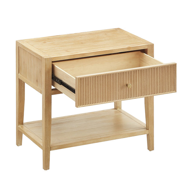 English Elm Fleur Natural 1-Drawer Nightstand with Reeded Drawer, Gold Pull, Tapered Legs, Lower Shelf, 29" H B050P376966