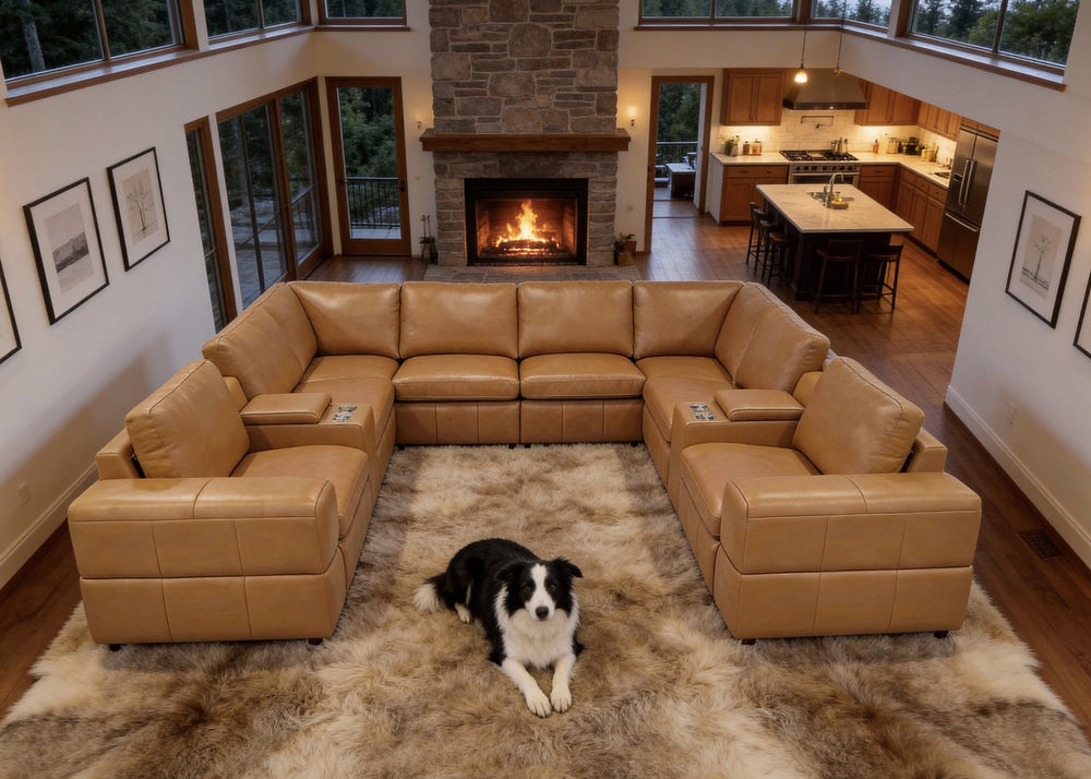 English Elm Premium Leather Match Sectional with Dual Recliners Square Arms and Console Storage Ginger B2748S00139