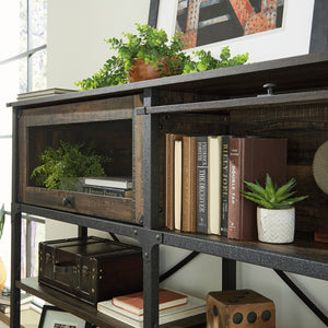 English Elm Hutch, Sleek Brown-Finish Display Unit With Adjustable Shelves & Industrial Metal Frame For Storage B356P367892