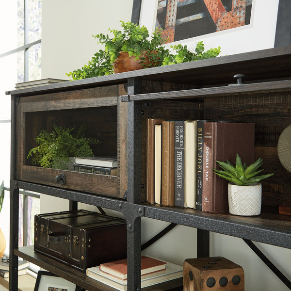 English Elm Hutch, Sleek Brown-Finish Display Unit With Adjustable Shelves & Industrial Metal Frame For Storage B356P367892