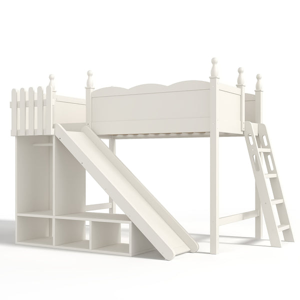 English Elm Twin Loft Bed Solid Pine Frame with Wardrobe Shelving Detachable Slide Kids Room Beige W5305S00018