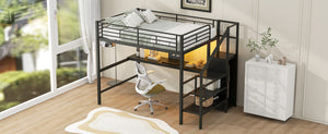 English Elm Full Size Metal Loft Bed With Desk, Storage Staircase, Wardrobe & Led Light - Space-Saving Design GX000620AAD