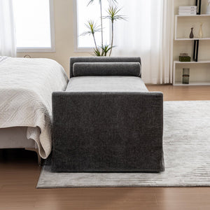 English Elm 88.58" Wide Chenille Upholstered Bench with Curved Armrests and Bolster Pillows for Bedroom Gray W3189S00028