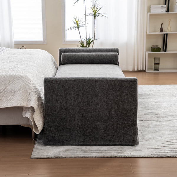 English Elm 88.58" Wide Chenille Upholstered Bench with Curved Armrests and Bolster Pillows for Bedroom Gray W3189S00028