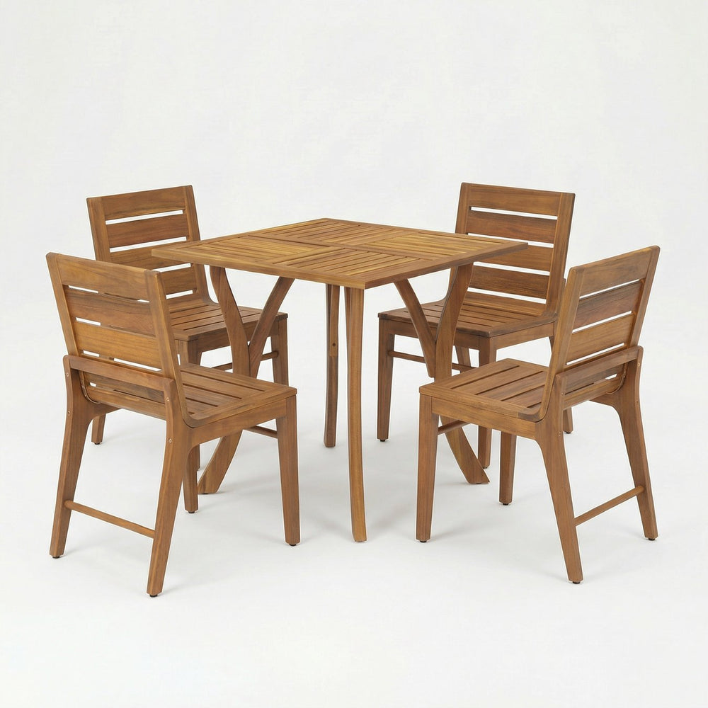 English Elm 5 Piece Outdoor Acacia Wood Dining Set Square Table Four Slatted Patio Chairs Teak N773OD00148T