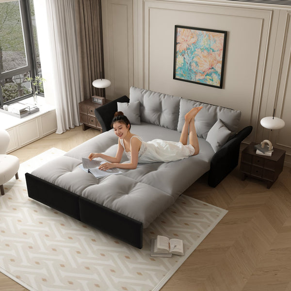 English Elm 74.4" Queen Velvet Sleeper Sofa Artisan Floral Tufted Cushions Converts for Guest Rooms Grey W1885S00170