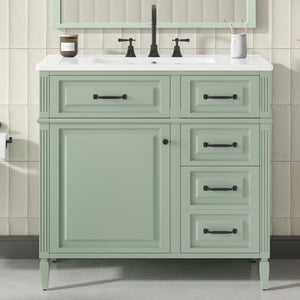 English Elm 36-Inch Modern Bathroom Vanity With Ceramic Sink, Adjustable Shelves, Flip Drawers & Metal Handles N725P350849F