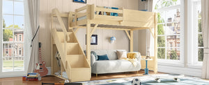 English Elm Twin Low Loft Bed Solid Pine Frame Kids Study Desk Blackboard Storage White Natural W1580S00547