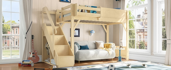 English Elm Twin Low Loft Bed Solid Pine Frame Kids Study Desk Blackboard Storage White Natural W1580S00547