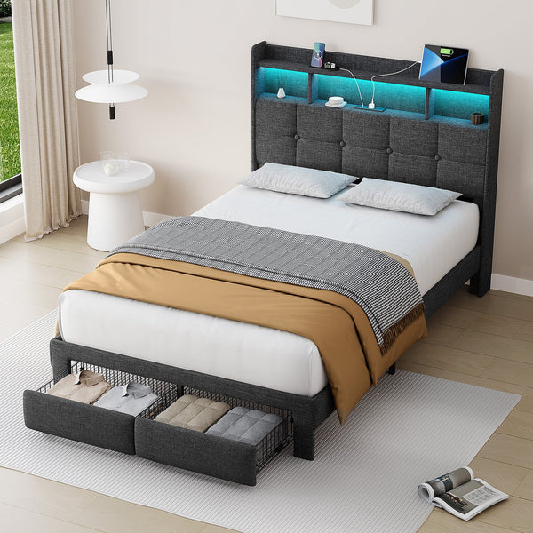 English Elm Full Linen Upholstered Bed with LED Lights, 20W Fast Charging, 2 Drawers & Memory Foam Headboard - Dark Gray W1550P190361