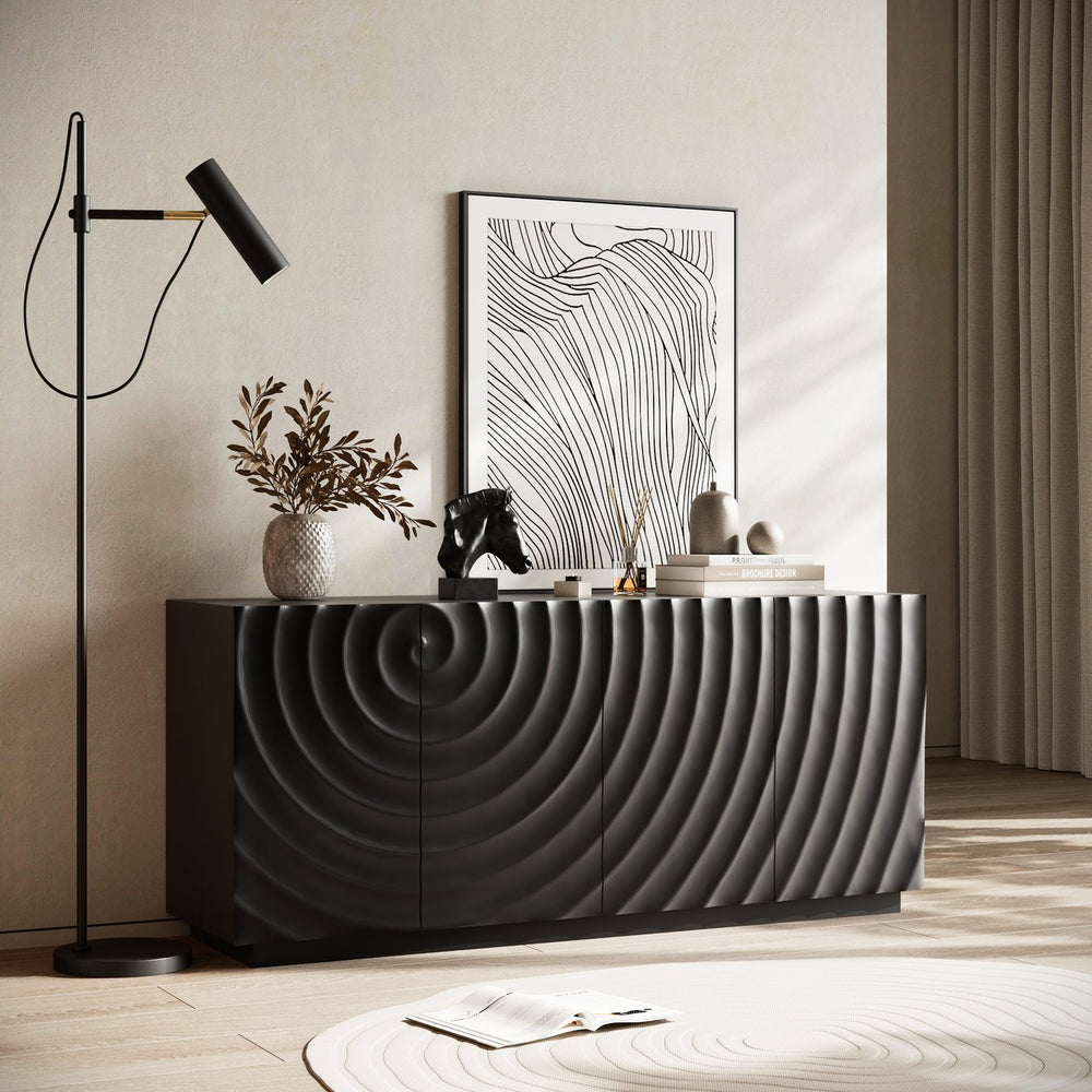 English Elm Buffet Sideboard with Wave Textured Doors Matte Black Sculptural Storage Cabinet W2263P353560