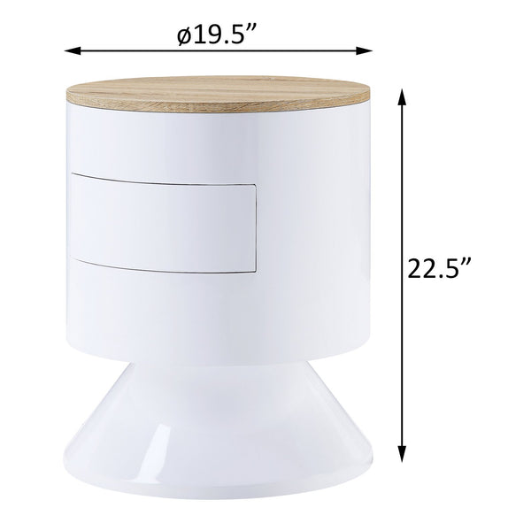 English Elm White White High Gloss and Natural 1-drawer Drum Nightstand with Smooth Manual-Close Drawer, Sleek Accent Piece B062P185684