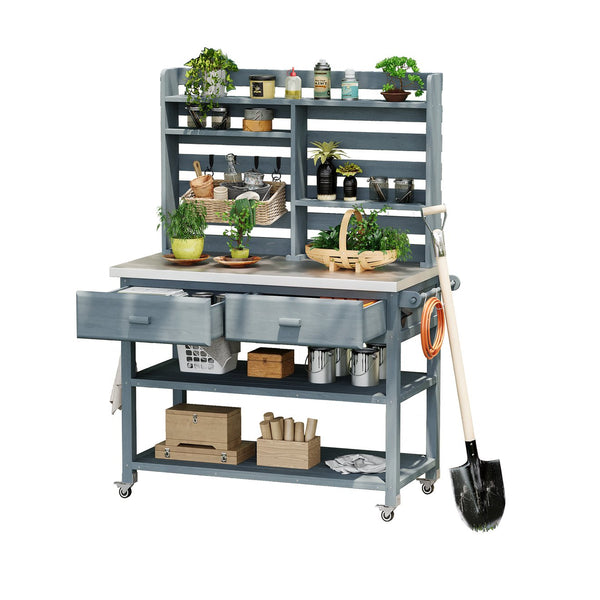 English Elm K&K 64.9" Outdoor Potting Bench with 1.2" Stainless Steel Top, Lockable Wheels, Hutch & Drawers Grey+Blue N707P228274G