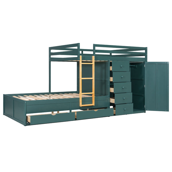 English Elm Full Size Bunk Bed with Integrated Drawers Wardrobe Mdf Solid Wood Kids Storage Green LT000463AAG