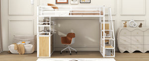 English Elm Full Size Metal Loft Bed with Desk, Storage Staircase, Wardrobe & Shelves — Space-Saving White GX002219AAK