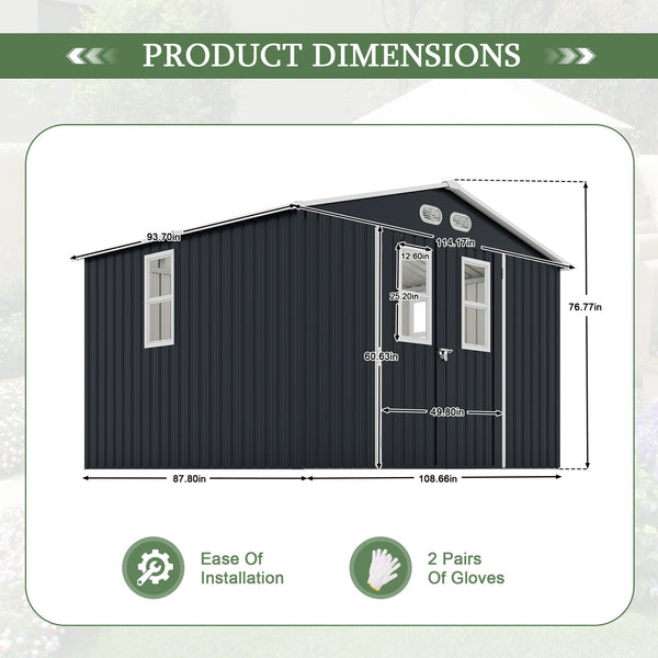 English Elm Outdoor Metal Storage Shed 8x10 with Four Windows Lockable Doors Waterproof Steel W1598S00038