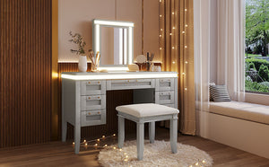English Elm 48" Makeup Vanity Desk with Led Mirror Bamboo Weave Drawers Cushioned Stool Bedroom Grayish Blue N704P337484E