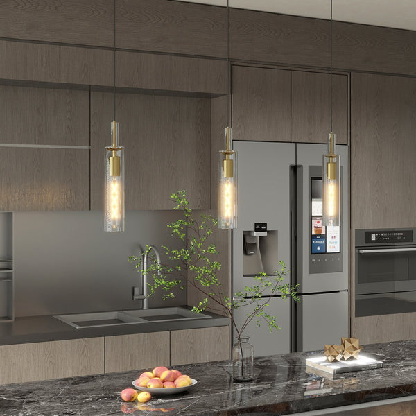 English Elm Gold Modern 3-Pack Pendant Lights with Clear Striped Glass Shades for Kitchen Island Dining Room W2312P375008