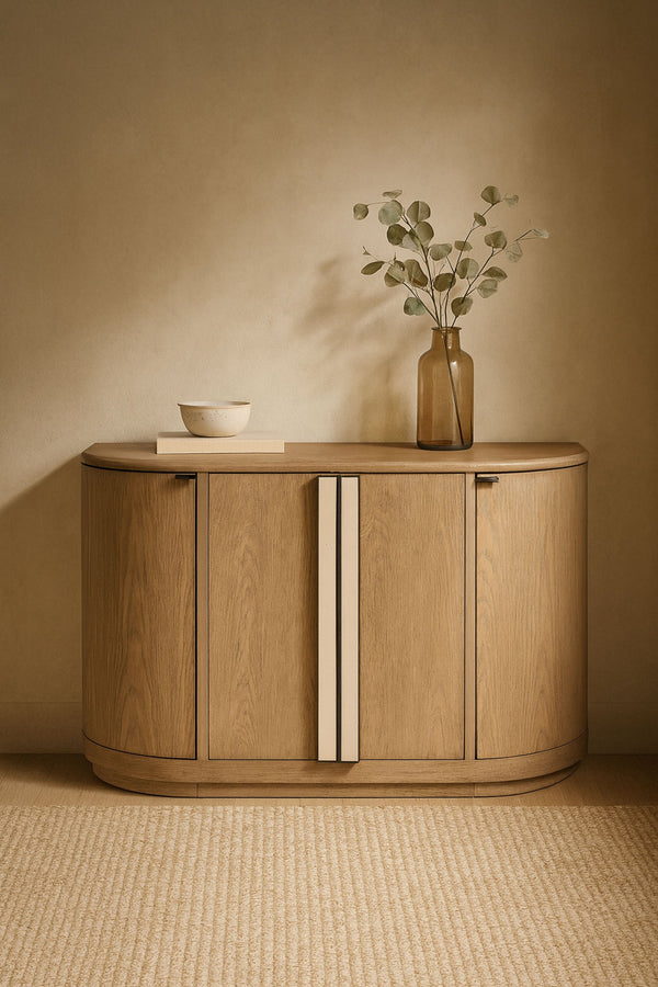 English Elm Demilune Toffee Oak Server with Stone Handles, Soft-Close Hinges, Curved Storage Console for Entryway B2699P373202