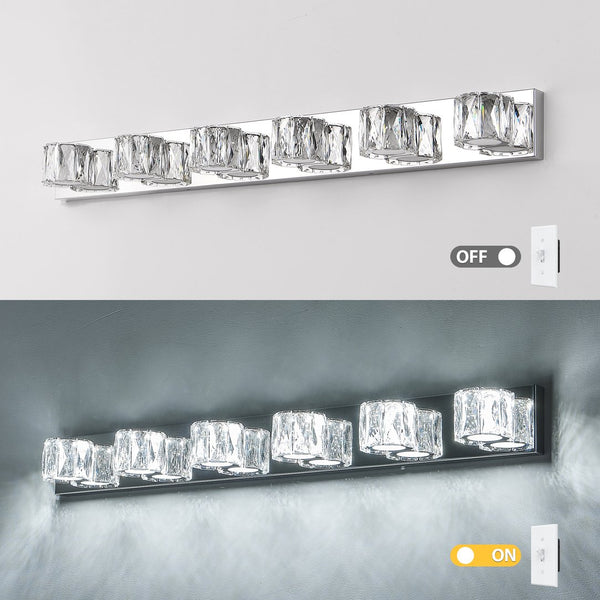 English Elm 41" Modern Crystal 6-Light LED Wall Sconce – 30W Chrome Bathroom Vanity Light 1950LM 6000K Stainless Steel W1340P248806