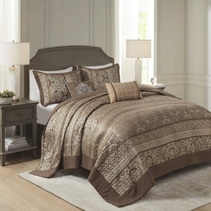 English Elm 5 Madison Park Bellagio Reversible Jacquard Bedspread Set Queen with Gold Accents, Quilted Luxury Bedding Brown+Gold 23.23 L x 17.72 W x 9.06 H B03597513