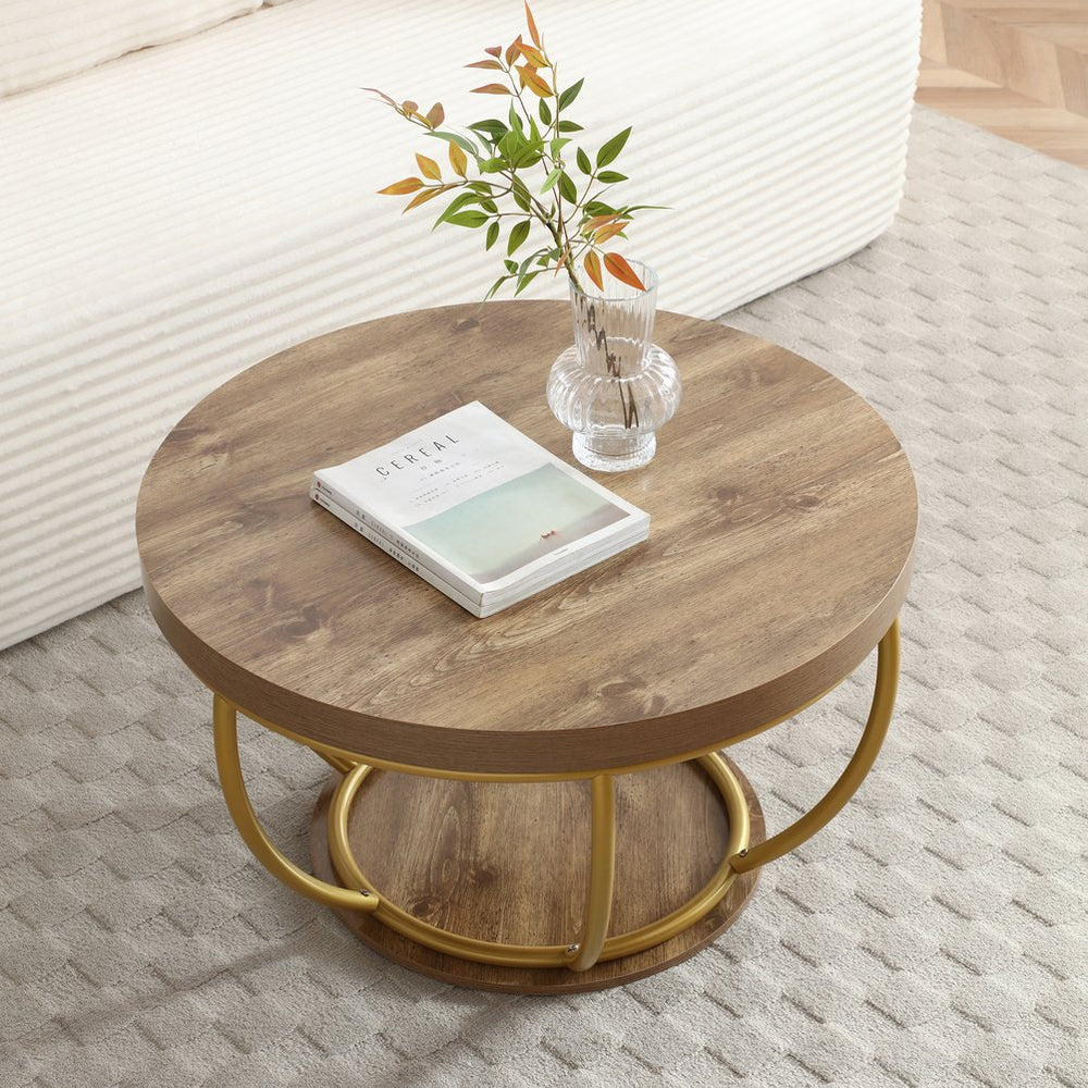 English Elm 31" Round Industrial Coffee Table Wood Grain Veneer Top Two Tier Open Shelf Living Room Golden W1117P414752