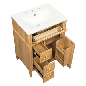 English Elm 24" Solid Pine Bathroom Vanity Cabinet with Ceramic Sink Soft Close Drawers N725P375500N