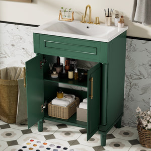 English Elm 24" Bathroom Vanity with Integrated Ceramic Sink and Adjustable Shelf, Vintage Hardware, Space-Saving Design Green N710P277711F
