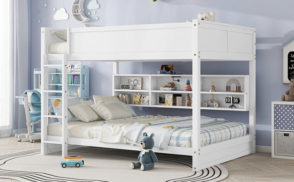 English Elm Queen Over Queen Floor Bunk Bed with Built-In Storage Shelves, USB Charging Station, Solid Pine Frame, Safety Rails and LadderDesigned for Space Saving and Modern Bedrooms White W504S00240