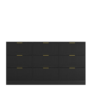English Elm Black Nine Drawer Wide Dresser Matte Wood Chest with Wavy Relief Panels Bedroom Storage Black W409P307541
