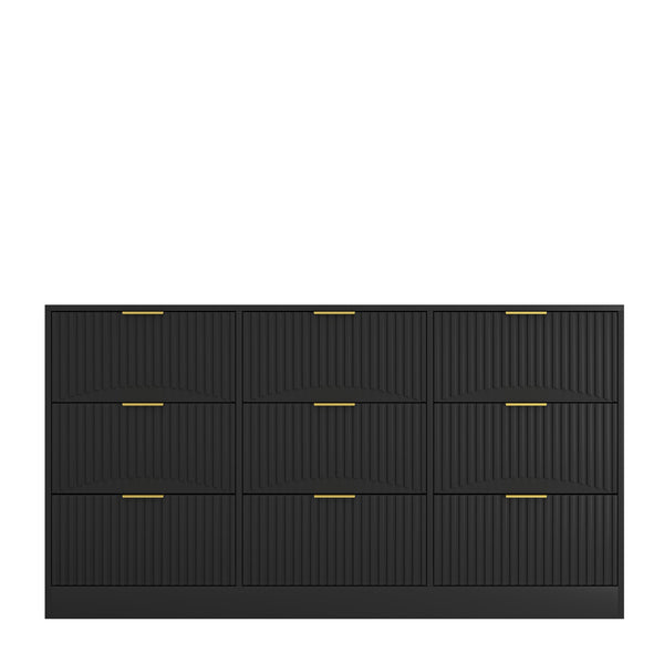 English Elm Black Nine Drawer Wide Dresser Matte Wood Chest with Wavy Relief Panels Bedroom Storage Black W409P307541
