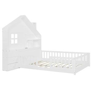 English Elm Full Size House Bed White Wood Frame with Drawers Shelves and Built in Usb Charging LT000423AAK-1