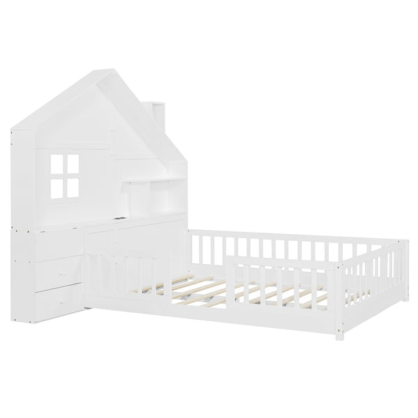 English Elm Full Size House Bed White Wood Frame with Drawers Shelves and Built in Usb Charging LT000423AAK-1