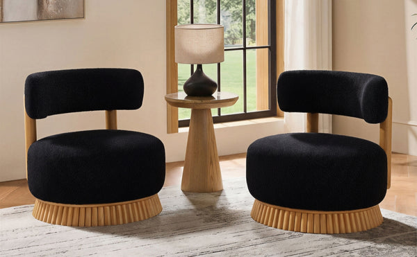 English Elm Modern Boucle Upholstered Armless Accent Chair Set with Thatched Wood Base for Living Room Black N760S0000036C