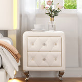 Elegant White Nightstand with 2 Drawers, Crystal Handle, Metal Legs