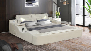 English Elm ZOYA Smart King Bed with Remote Massage Chaise, Bluetooth Speakers, USB Charging, Storage, Beige B009S01665