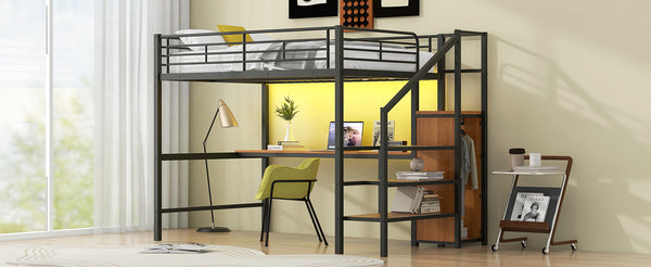 English Elm Full Size Metal Loft Bed With Desk, Storage Steps, Wardrobe, Led Light - Perfect For Small Spaces! GX000620AAB-1