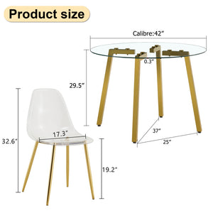 English Elm Table Set: Modern Round Tempered Glass Dining Table With 6 Transparent Chairs & Gold Legs, Stylish! W1151S02865-GIGA