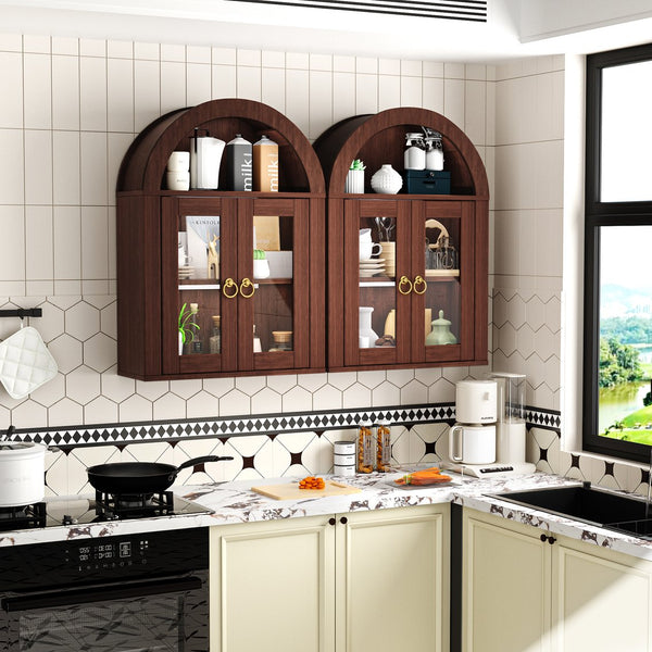 English Elm Wall Mounted Arched Cabinet Tempered Glass Doors Led Lighting Adjustable Shelves Bathroom Brown T3210P471553