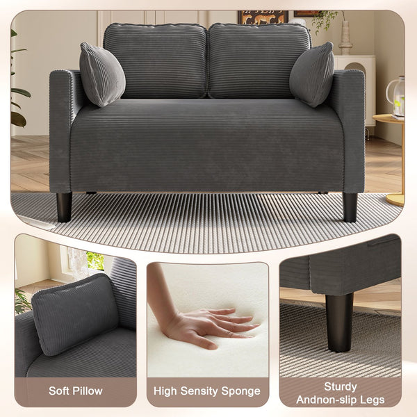 English Elm 48" Corduroy Compact Loveseat with Side Pocket Solid Wood Frame for Small Spaces Grey W2715P409865