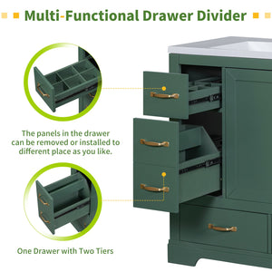 English Elm 36" Modern Bathroom Vanity Cabinet Base with Six Drawers, Adjustable Shelf & Drawer Organizer Green WF307973AAF