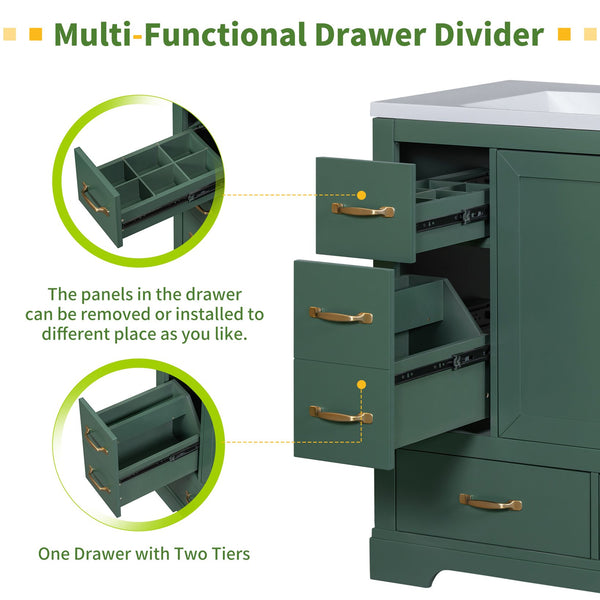 English Elm 36" Modern Bathroom Vanity Cabinet Base with Six Drawers, Adjustable Shelf & Drawer Organizer Green WF307973AAF