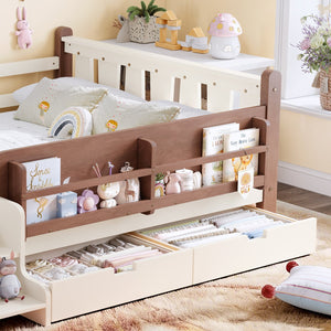 English Elm Twin Kids Platform Bed with Trundle Staircase Bookshelf and Rounded Safety Rails Beige W1580S00539