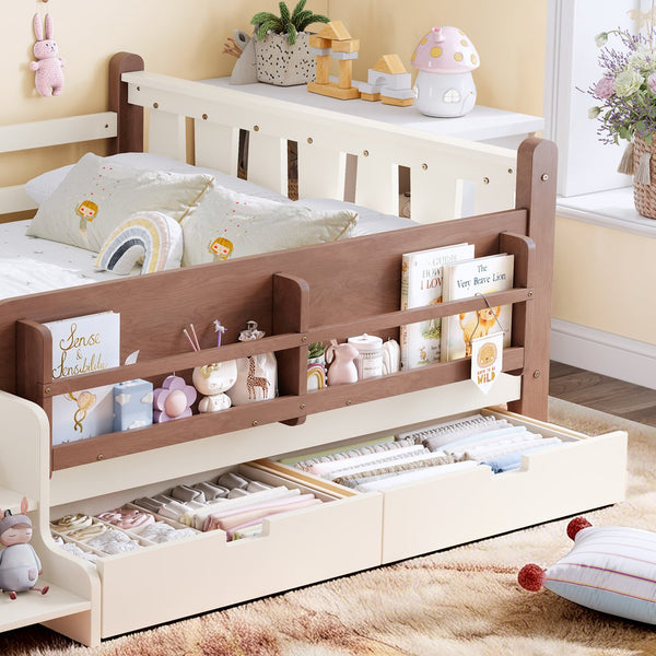 English Elm Twin Kids Platform Bed with Trundle Staircase Bookshelf and Rounded Safety Rails Beige W1580S00539