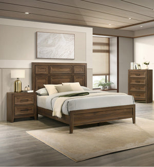 English Elm 1pc Contemporary Wooden Four Drawer Chest with Geometric Relief and Warm Brown Finish B2741P498437