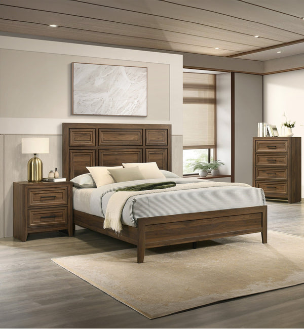 English Elm 1pc Contemporary Wooden Four Drawer Chest with Geometric Relief and Warm Brown Finish B2741P498437