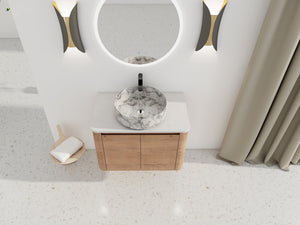 English Elm 30'' Wall-Mounted Bathroom Vanity With Elegant Ceramic Art Sink, Soft-Close Doors & Space-Saving Design W999S00390
