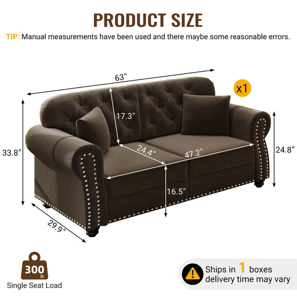 English Elm 63"upholstered Velvet Chesterfield Loveseat Mid Century Tufted Nailhead Compact Living Room Brown W1885P448724