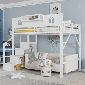 English Elm Full Size Loft Bed With Integrated Wardrobe, Stairs, House-Shaped Guardrails & Space-Saving Design W2593S00037