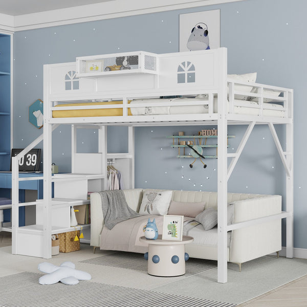 English Elm Full Size Loft Bed With Integrated Wardrobe, Stairs, House-Shaped Guardrails & Space-Saving Design W2593S00037
